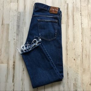 Zara Woman Cropped Button Fly High Rise Blue Jeans Raw Hem Size 10